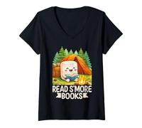Mujer Leer S'More Libros Divertido Juego de Palabras Camping Naturaleza Amante Camiseta Cuello V