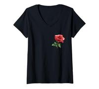 Mujer #lele Rose T-shirt Impresión Rosas Camisa Flores Pintura Rosa Rojo Camiseta Cuello V