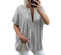 Mujer Lentejuelas Sueltas Cuello en V Manga Corta Casual Camisa Manga Corta Blusa Bikini Mujer Pechos Grandes Top, plata, XXL