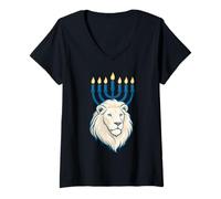 Mujer León de Judá con una Menorá de Hanukkah Fiestas Judías Camiseta Cuello V