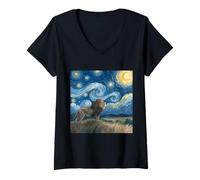 Mujer León Debajo del Cielo Estrellado Van Gogh Celestial Swirls Art Camiseta Cuello V