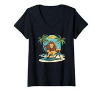 Mujer León durmiente en silla para amantes de la playa y las palmeras Camiseta Cuello V