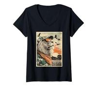 Mujer León Fresco con Gafas de Sol Cazador de Pato Retro Atardecer Camiseta Cuello V