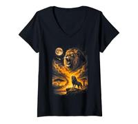 Mujer León Rugido Luna Llena Sabana Cielo Noctur Camiseta Cuello V