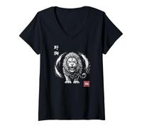 Mujer León rugiente con Tinta Japonesa Kanji Samurai y Enso Spirit Camiseta Cuello V