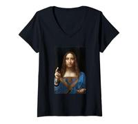 Mujer Leonardo da Vinci Salvator Mundi Religioso Jesús Cristiano Camiseta Cuello V