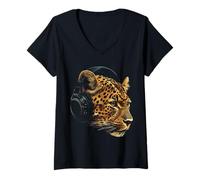 Mujer Leopard Animal Motif Música Auricular Ilustración Leopardo Camiseta Cuello V