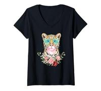 Mujer Leopard Blowing Bubblegum Floral Aesthetic Big Cat Camiseta Cuello V