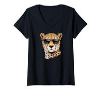 Mujer Leopard Design Wild Animal Feline Black Glasses Big Cat Camiseta Cuello V