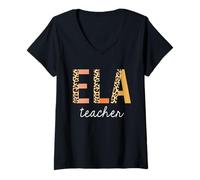 Mujer Leopard Ela Teacher Lindo material escolar para mujeres Camiseta Cuello V