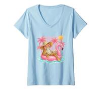 Mujer Leopard Flamingo Flotador Piscina Vacaciones Chill Camiseta Cuello V