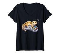 Mujer Leopard Gecko Playing Video Game Lizard & Reptiles Gamers Camiseta Cuello V