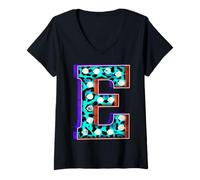 Mujer Leopard Marquee Letra E Bulbo Inicial Gráfico Bold Camiseta Cuello V