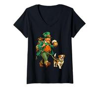 Mujer Leprechaun del día de San Patricio con Cerveza Jack Russell Dog Camiseta Cuello V