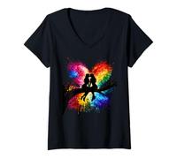 Mujer Lesbian Girls Kissing on Tree Branch Rainbow Silhouette Camiseta Cuello V