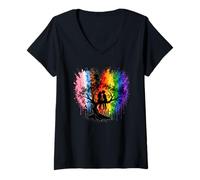 Mujer Lesbian Girls Kissing on Tree Branch Rainbow Silhouette Camiseta Cuello V