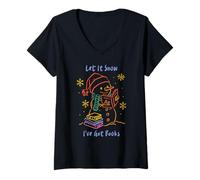 Mujer Let It Snow I've Got Books, Cozy Snowman Reading Winter Cute Camiseta Cuello V