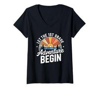 Mujer Let the 1st Grade Adventure Begin First Grade Teacher Camiseta Cuello V