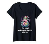 Mujer Let The Shenanigans Begin St Patricks Flamingo Mardi Gras Camiseta Cuello V