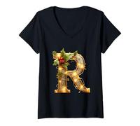 Mujer Letra de Acebo de Navidad R Espíritu Alegre Camiseta Cuello V