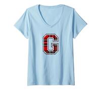 Mujer Letra G Nombre Monograma Inicial Tartán Impresión Camiseta Cuello V