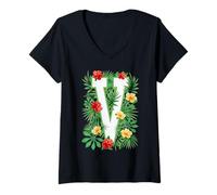 Mujer Letra mayúscula V Alfabeto Monograma Inicial Jardinero Flor Camiseta Cuello V