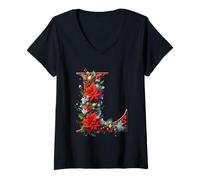 Mujer Letra navideña en L Holiday Poinsettia Joy Camiseta Cuello V