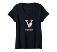 Mujer Letra "V" para mujer con inicial, acuarela, rosa polvoriento, flor rosa Camiseta Cuello V