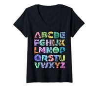 Mujer Letras mayúsculas A-Z Amante del yoga Alfabeto aprender ABC Profesor Camiseta Cuello V