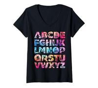 Mujer Letras mayúsculas A-Z Amante del yoga Alfabeto aprender ABC Profesor Camiseta Cuello V