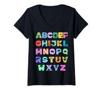 Mujer Letras mayúsculas de la A a la Z del alfabeto de dinosaurios para aprender ABC para niños Camiseta Cuello V