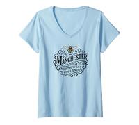 Mujer Letras Negras ornamentadas de Abeja del noroeste de Inglaterra del Manchester Camiseta Cuello V