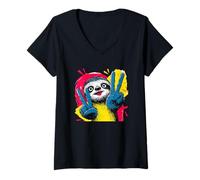 Mujer Letrero de Arte gráfico de Personaje Pop Retro de Perezoso Doble Paz Camiseta Cuello V