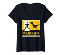 Mujer Letrero de dinosaurio a juego Run Don't Look The Fossil Got Revenge Camiseta Cuello V