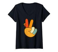 Mujer Letrero Retro de la Mano de Pavo de la Paz para Acción de Gracias, Regalo Divertido Camiseta Cuello V
