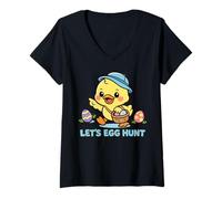 Mujer Let's Egg Hunt Kawaii Pascua Chick Cute Primavera Dibujos Animados Niños Camiseta Cuello V