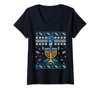 Mujer Let's Get Lit Menorah Feo Navidad Feliz Hanukkah Camiseta Cuello V