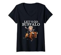 Mujer Let's Go Buffalo Trump Riding Bison Funny USA Camiseta Cuello V