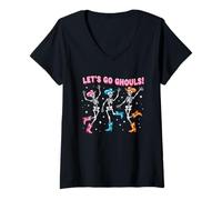 Mujer Let's Go Ghouls Festive Spooky Skeletons Fiesta de Halloween Camiseta Cuello V
