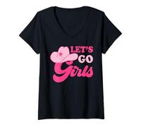 Mujer Let's Go Girls Sombrero de Vaquera del Oeste Rosa para Despedida de Soltera Camiseta Cuello V