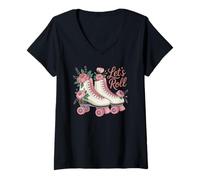 Mujer Let's Roll Flower Skate Retro Roller Vibes Colorido Patinaje Camiseta Cuello V