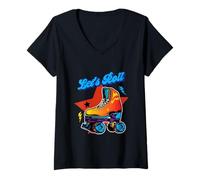 Mujer Let's Roll Retro 1970s 1980s Patinaje Vintage Skater Camiseta Cuello V