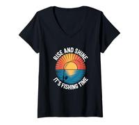 Mujer Levántate y brilla, es hora de pescar, estilo retro Camiseta Cuello V