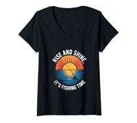 Mujer Levántate y brilla su tiempo de pesca - Vacaciones al aire libre Camiseta Cuello V