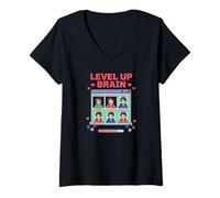 Mujer Level Up Brain Nerd Humor Poder Videojuego Fan Gamer Cita Camiseta Cuello V