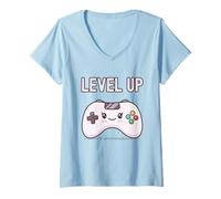 Mujer Level Up Kawaii Controller Jugador De Videojuegos Chica Jugador Camiseta Cuello V