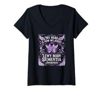 Mujer Lewy Body Dementia Awareness My Hero - Cinta Morada Camiseta Cuello V