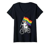 Mujer LGBTQ Bandera Gay Pingüino Montando Un Aliado del Mes del Orgullo En Bicicleta Camiseta Cuello V