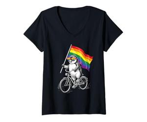 Mujer LGBTQ Bandera Gay Pingüino Montando Un Aliado del Mes del Orgullo En Bicicleta Camiseta Cuello V