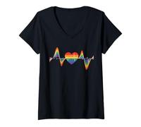Mujer LGBTQ Orgullo Gay Arco Iris Latido Del Corazón Onda Lesbianas Gays Precioso Camiseta Cuello V